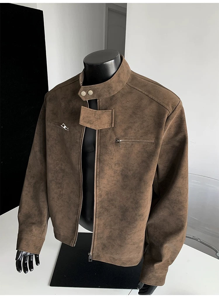 Men’s Vintage Tie-Dye PU Leather Jacket – Stand Collar Streetwear Outerwear   FE0016