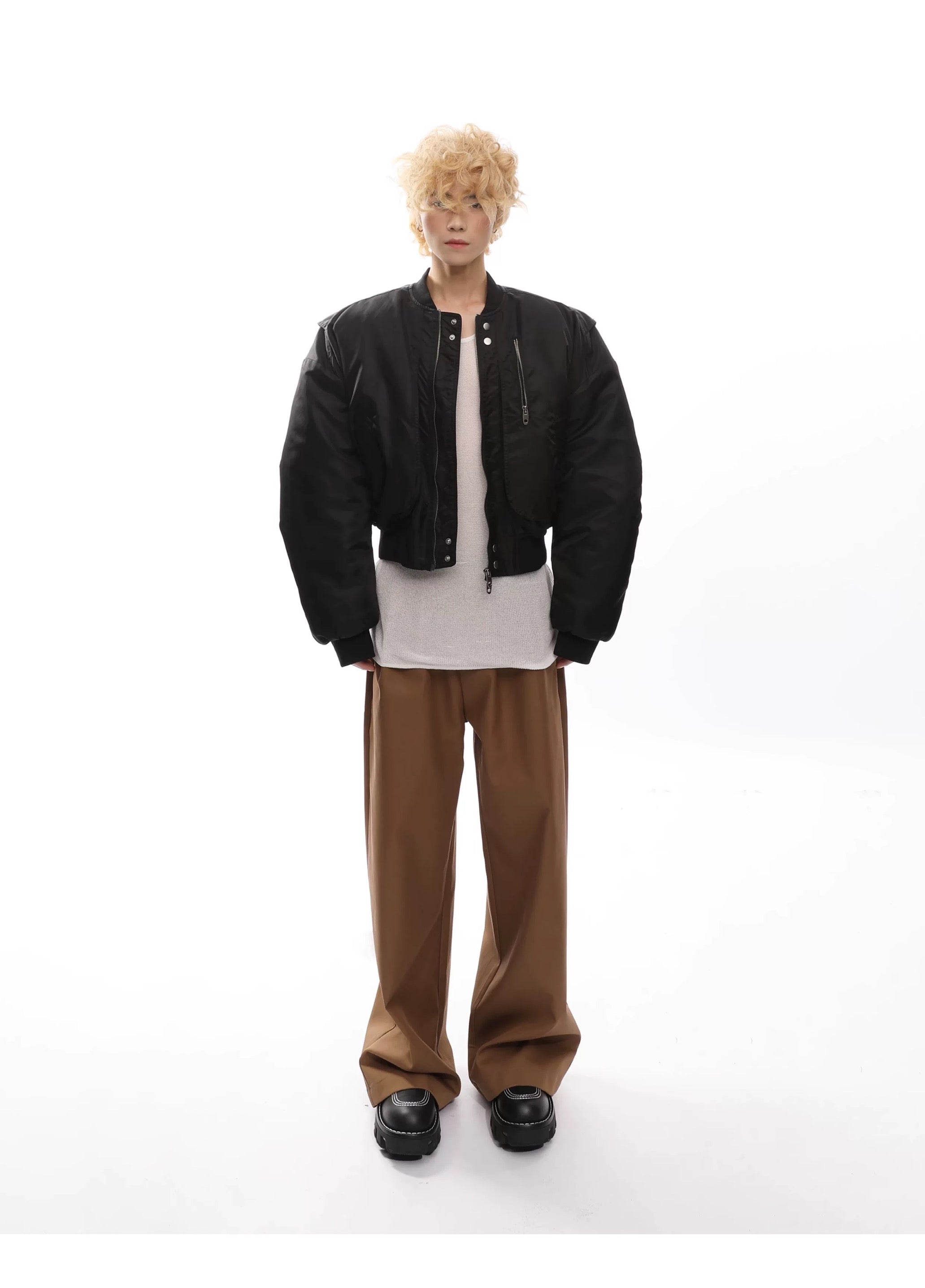 Men’s Cropped Bomber Puffer Jacket – American High Street Short Cotton Outerwear   FE0025