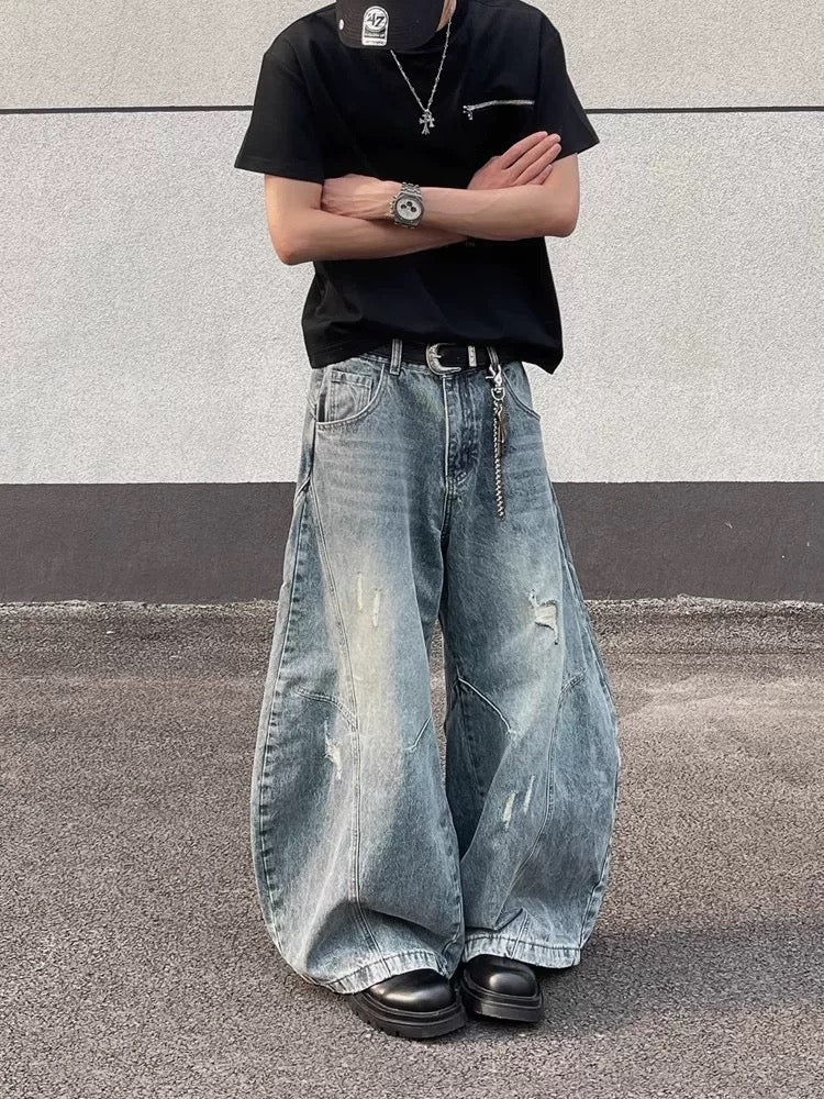 Men’s Vintage Ripped Wide-Leg Jeans – American Retro Streetwear Denim Pants   FE0018