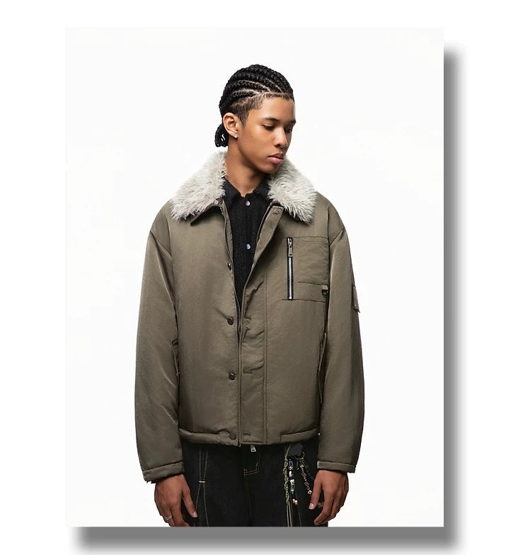 Men’s Detachable Fur Collar Padded Jacket – American Retro Winter Street Outerwear FE0040