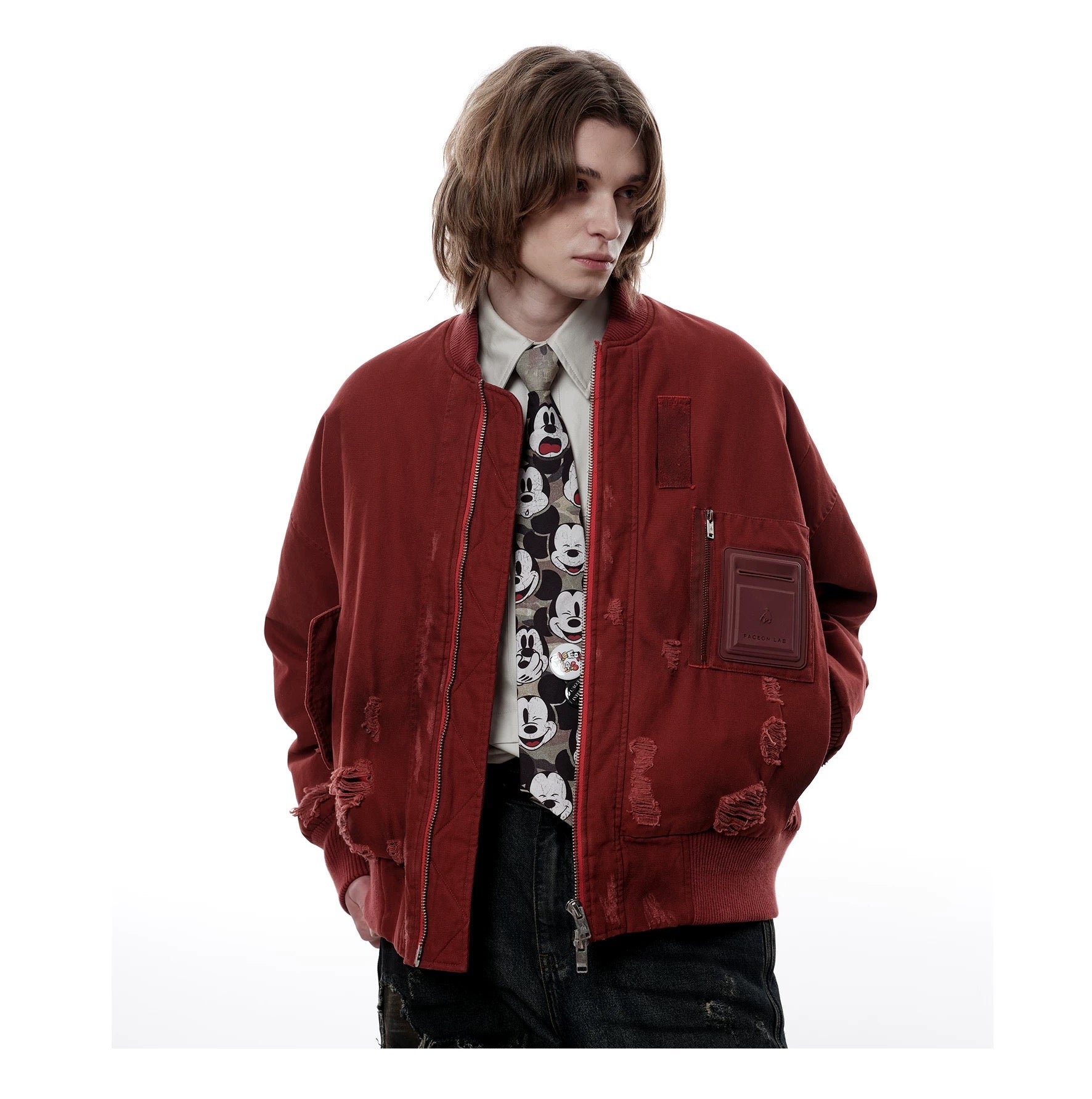 Men’s Burgundy MA-1 Distressed Bomber Jacke  FE0306
