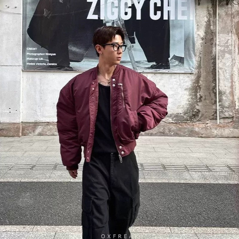 Men’s Cropped Bomber Puffer Jacket – American High Street Short Cotton Outerwear   FE0025