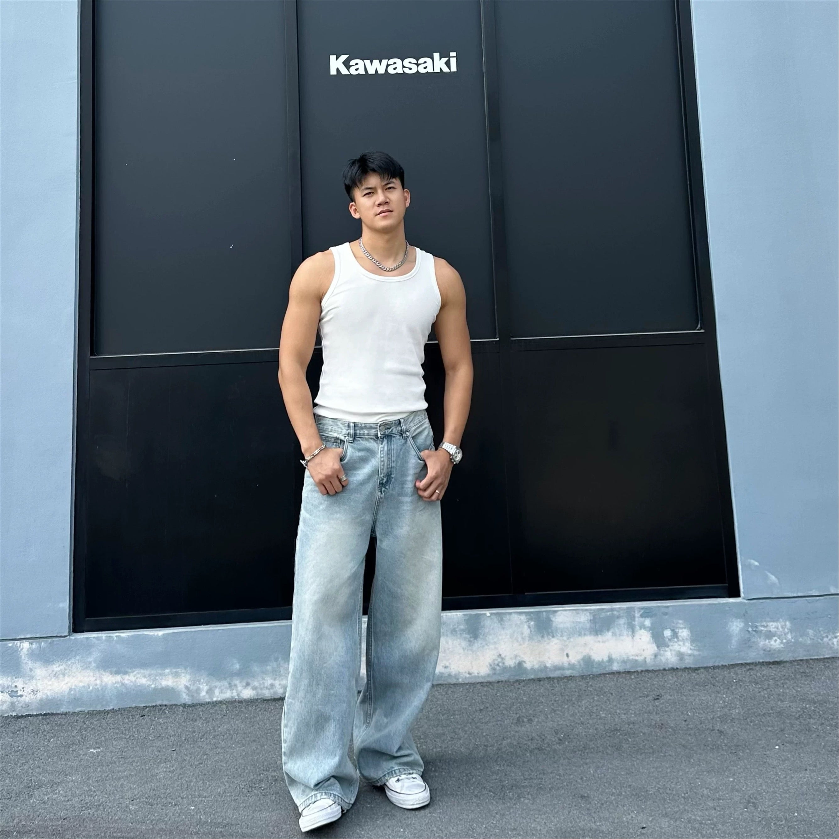 Men’s Vintage Wash Straight Leg Jeans Loose Fit Wide Leg Denim Pants  FE0012