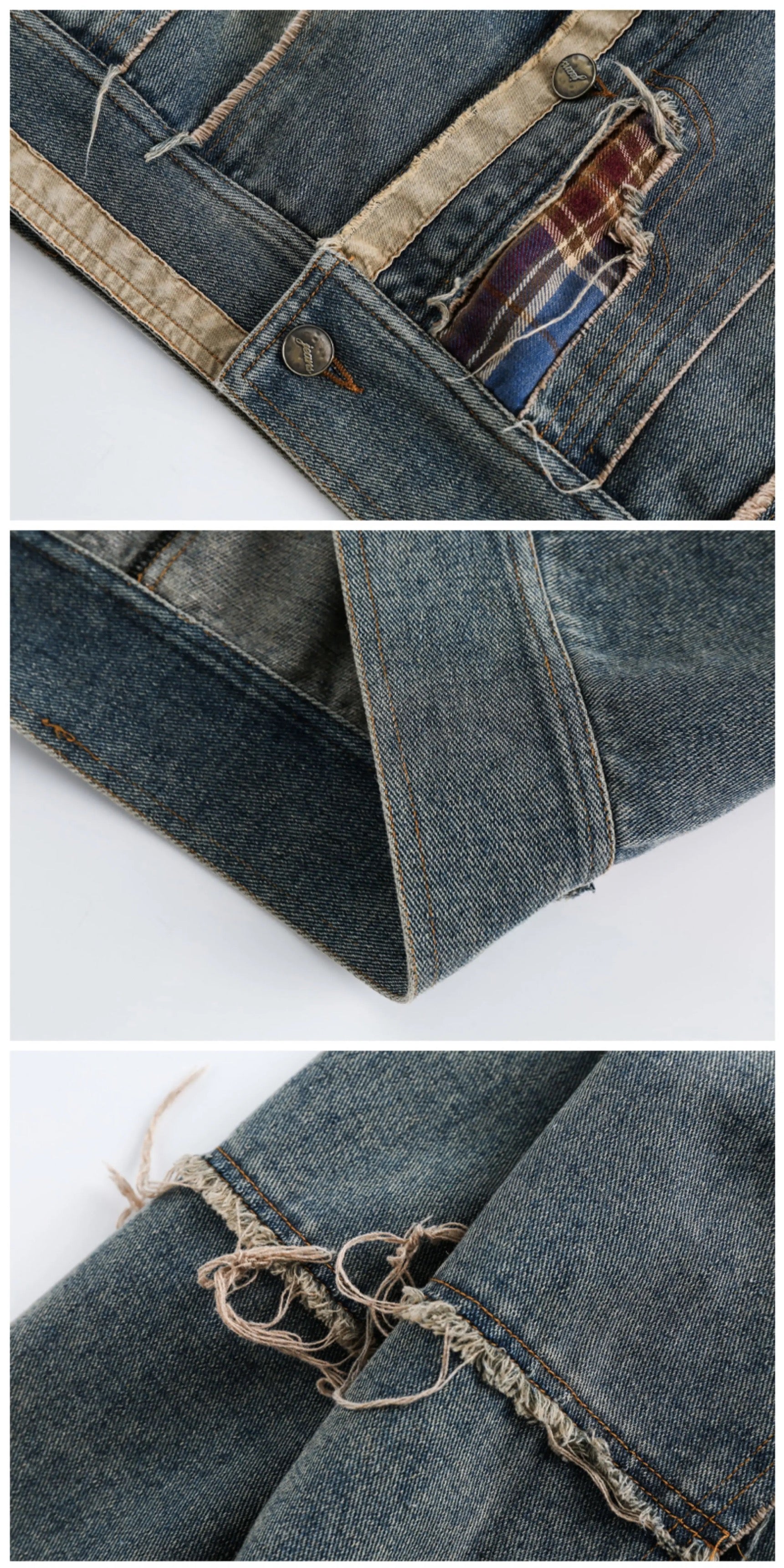 Men’s Vintage American Patchwork Frayed Denim Jacke  FE0331