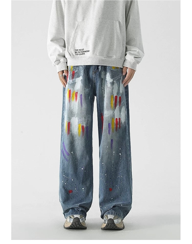 Men’s Graffiti Denim Jeans – Vintage American High Street Painted Streetwear Pants FE0053