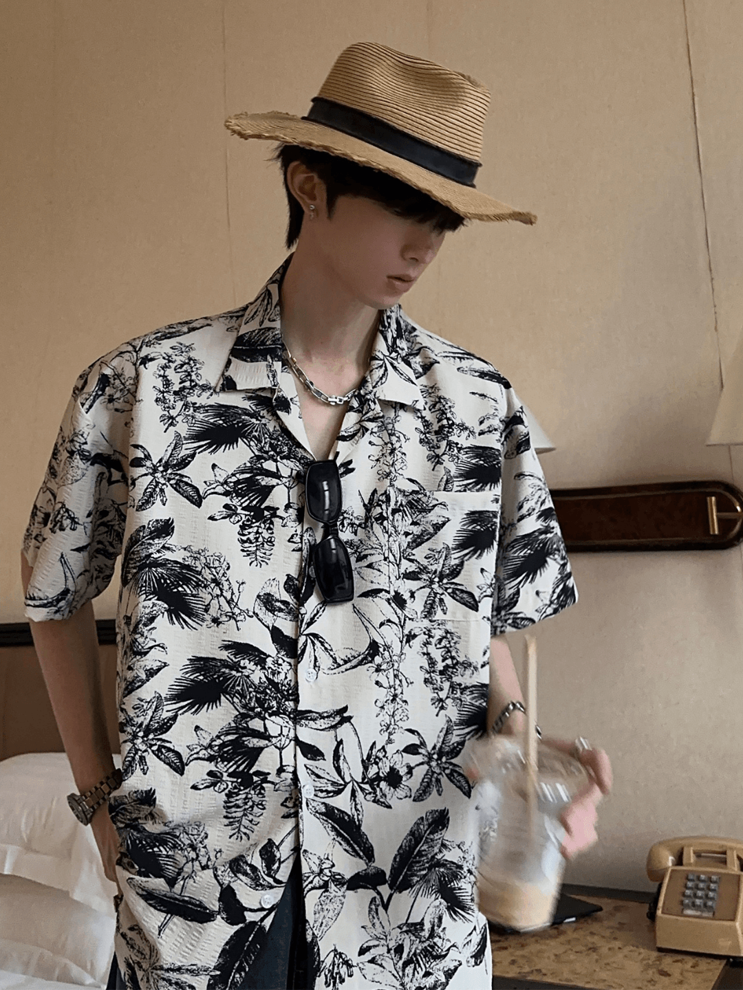 [JM HOMME] Tide Printed Short-sleeved Shirt   FE0557