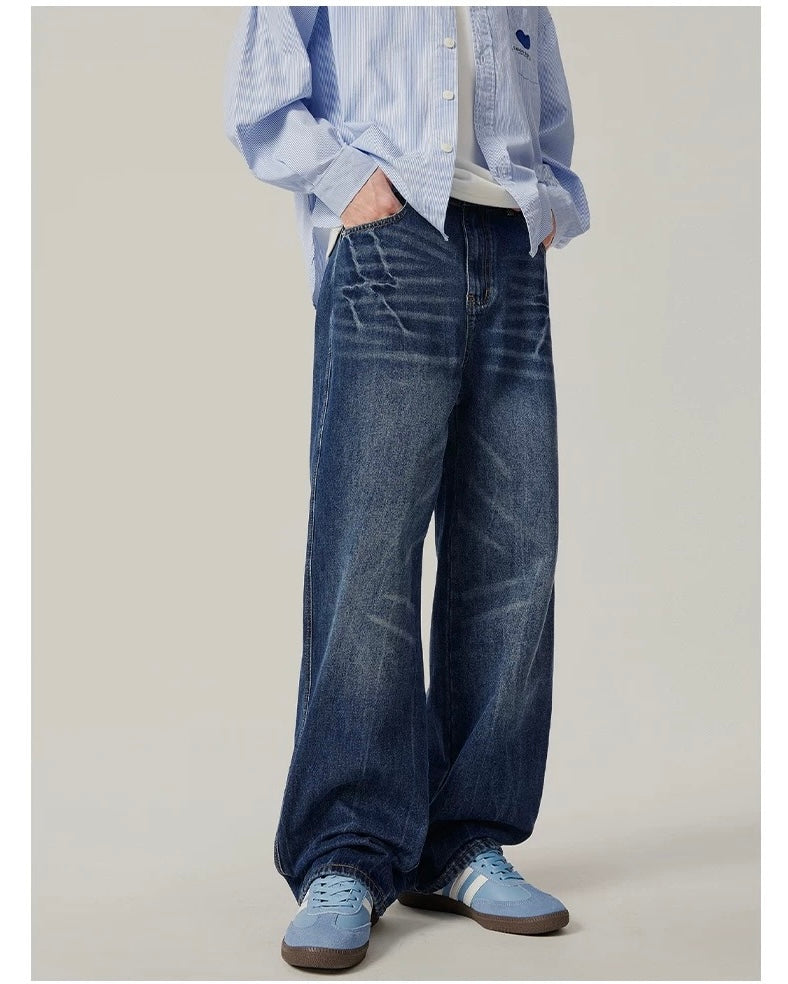 Men’s Vintage Washed Wide-Leg Jeans – American Retro Streetwear Denim   FE0037