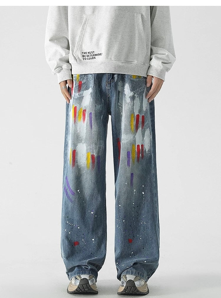 Men’s Graffiti Denim Jeans – Vintage American High Street Painted Streetwear Pants FE0053