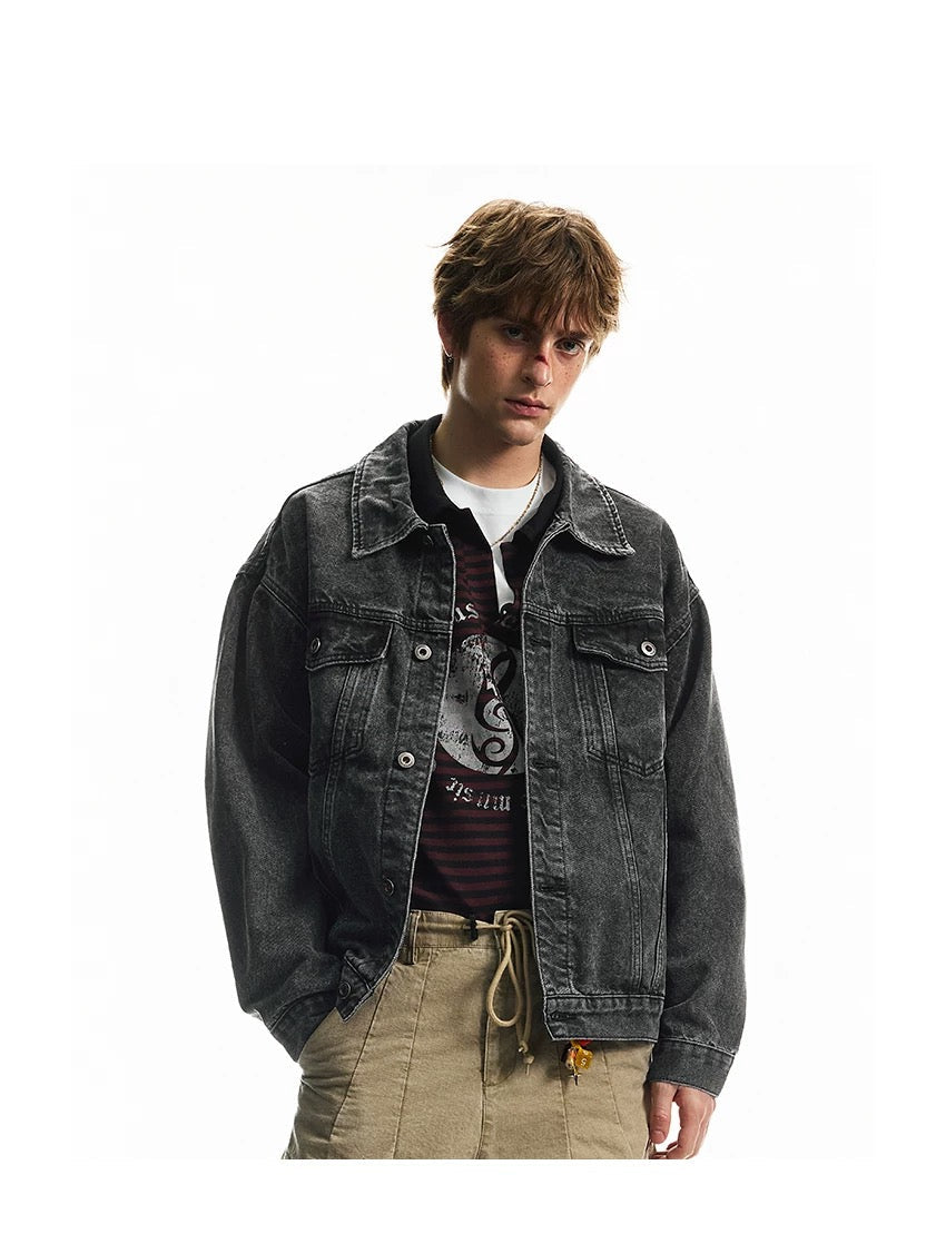 Men’s Vintage Washed Denim Jacket – American Retro Distressed Streetwear Outerwear FE0046