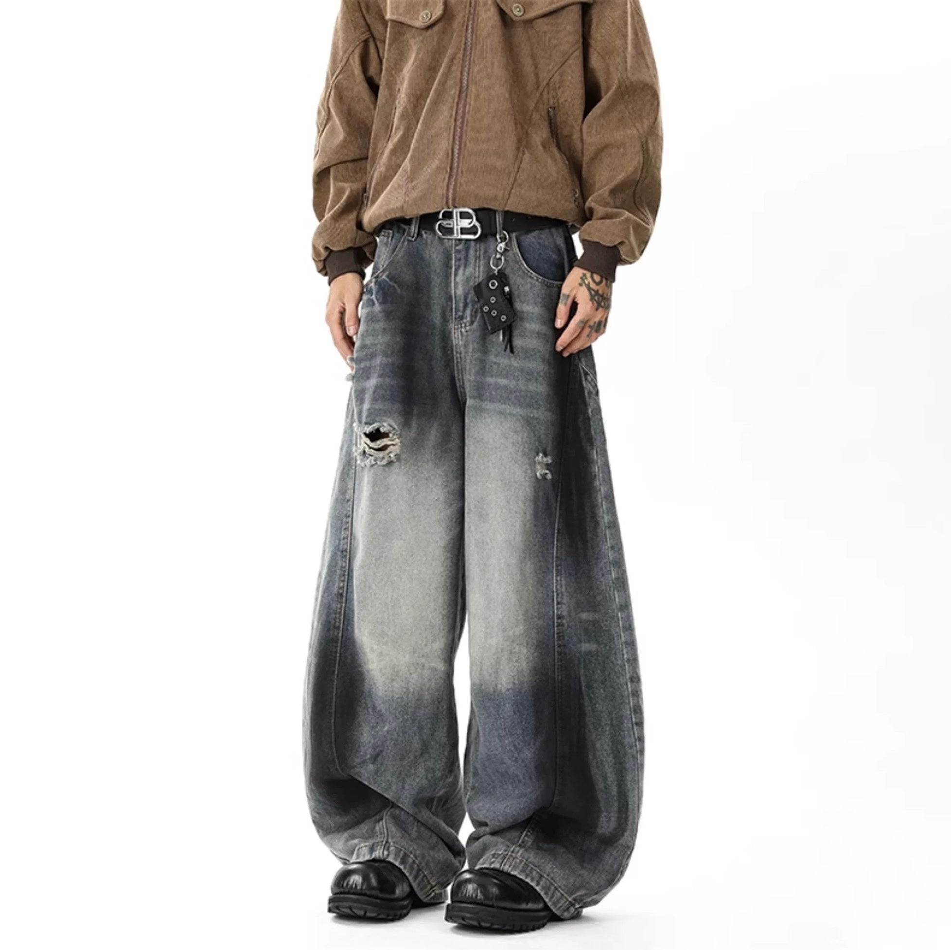 Men’s American Ripped Curved-Cut Jeans – Vintage Streetwear Wide-Leg Denim Pants  FE0289