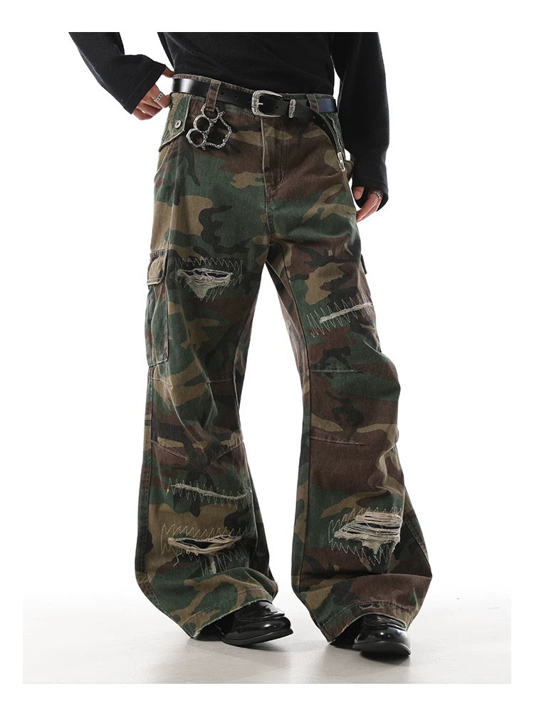 American Distressed Patchwork Camo Cargo Pants FE0350