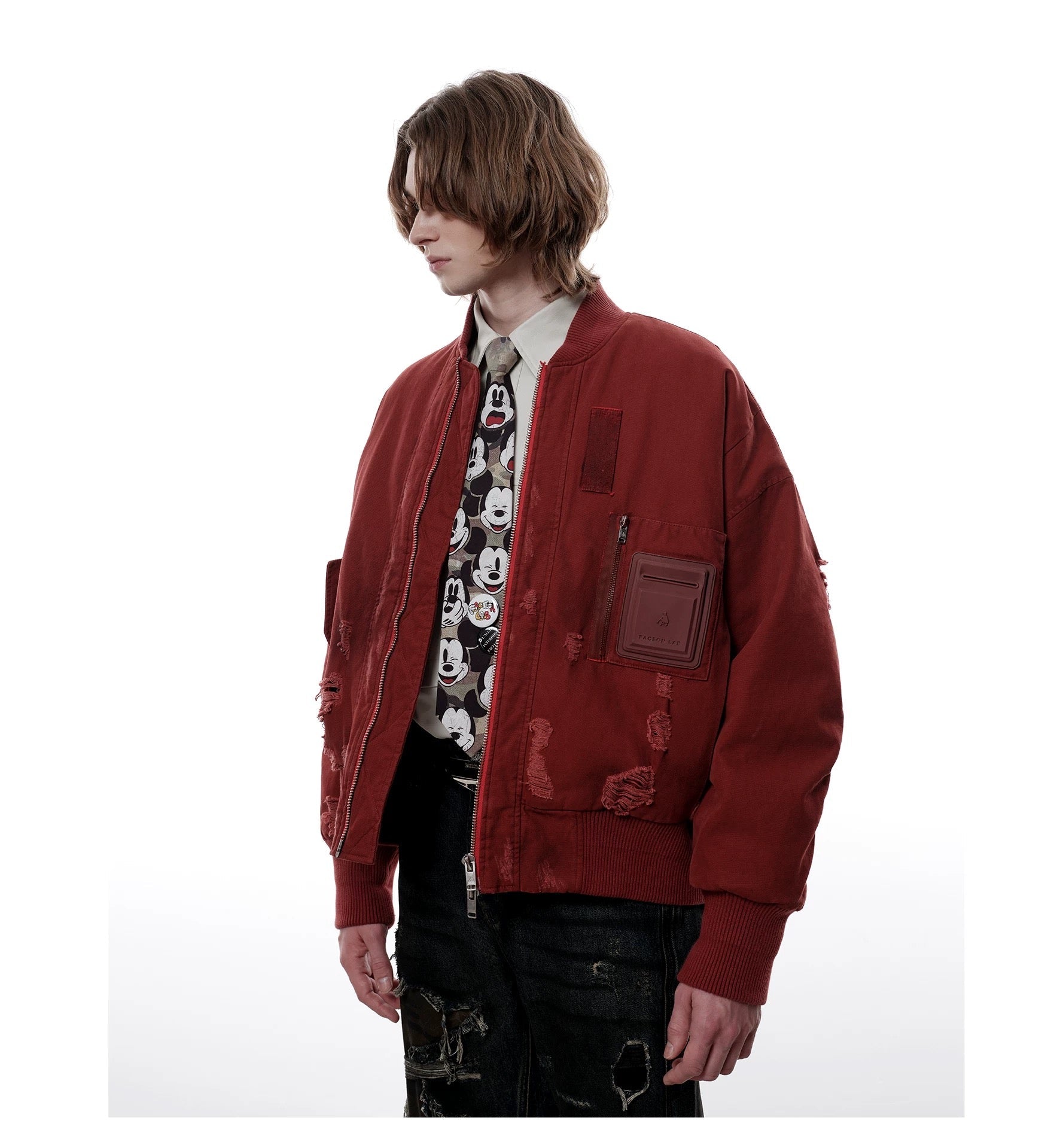 Men’s Burgundy MA-1 Distressed Bomber Jacke  FE0306