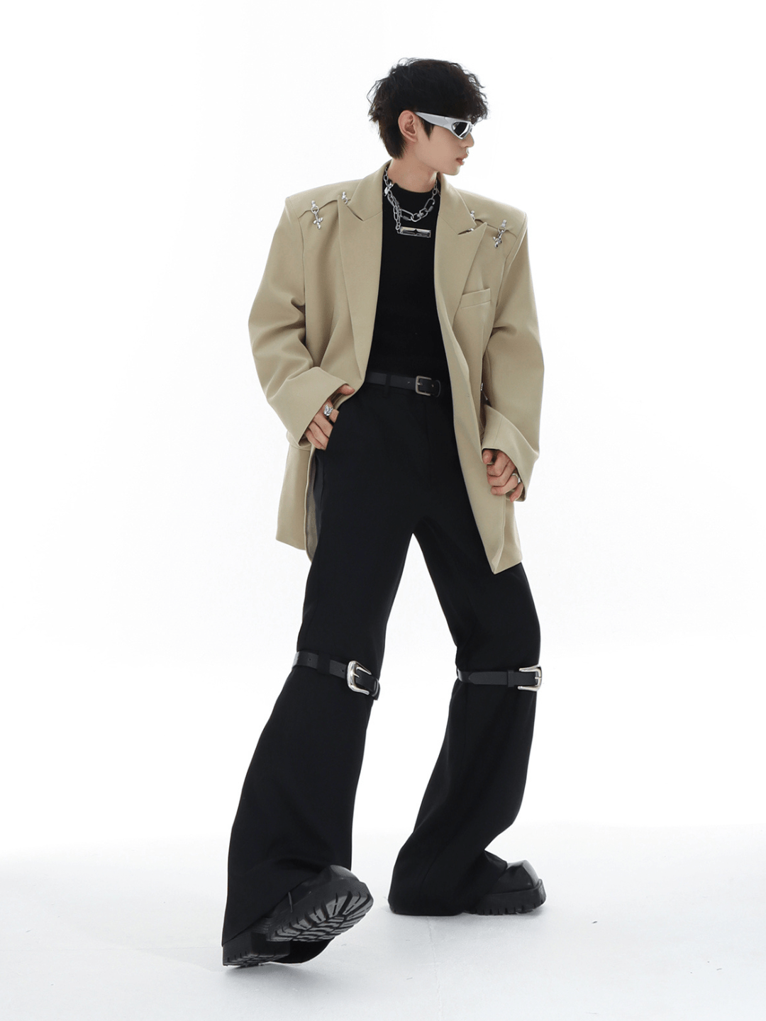 metal button multi drape straight pants FE0415