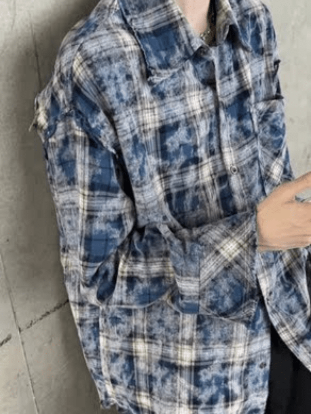[JM HOMME] distressed raw edge plaid shirt  FE0549