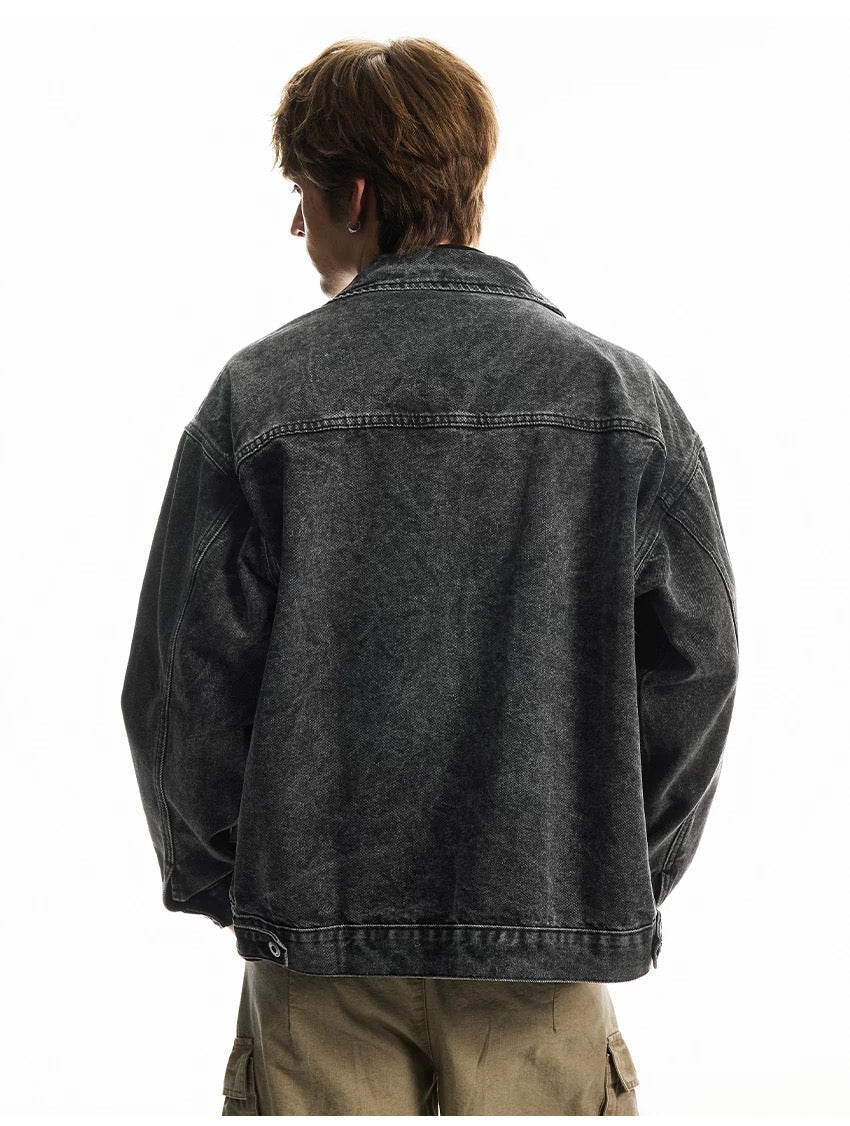Men’s Vintage Washed Denim Jacket – American Retro Distressed Streetwear Outerwear FE0046