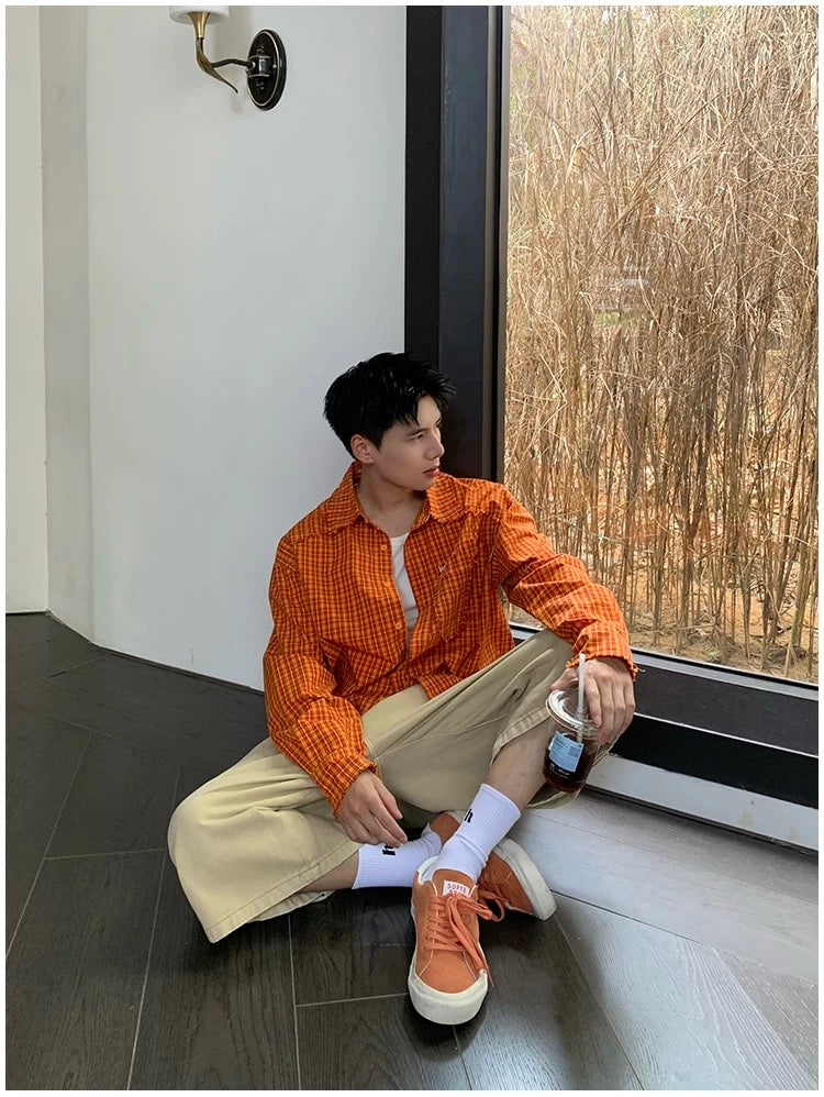 American Streetwear Orange Plaid Shirt   FE0352