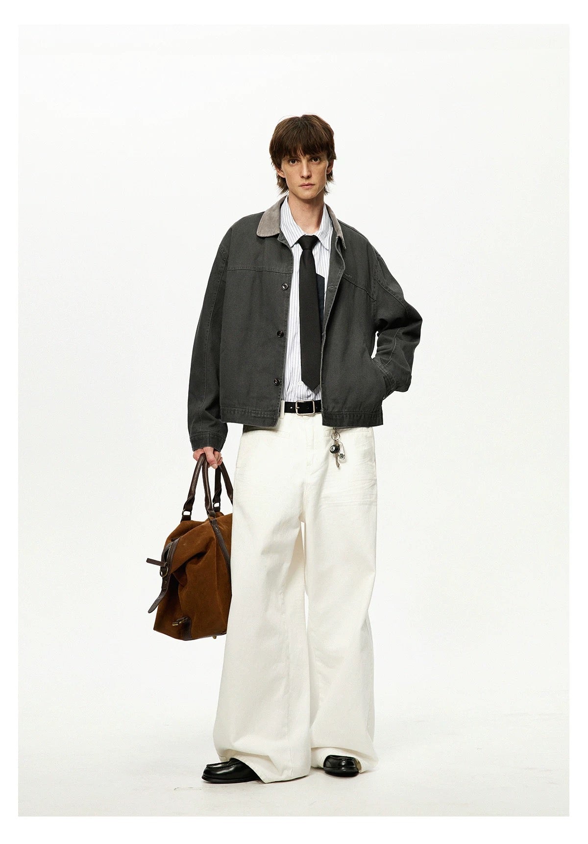 Men’s Color-Block Workwear Jacket – American Retro Contrast Collar Utility Outerwear  FE0005