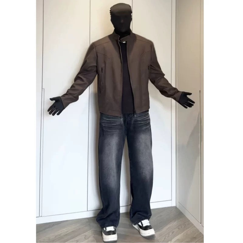 Men’s Deconstructed Patchwork Stand Collar Jacket – American Retro Street Outerwear FE0036