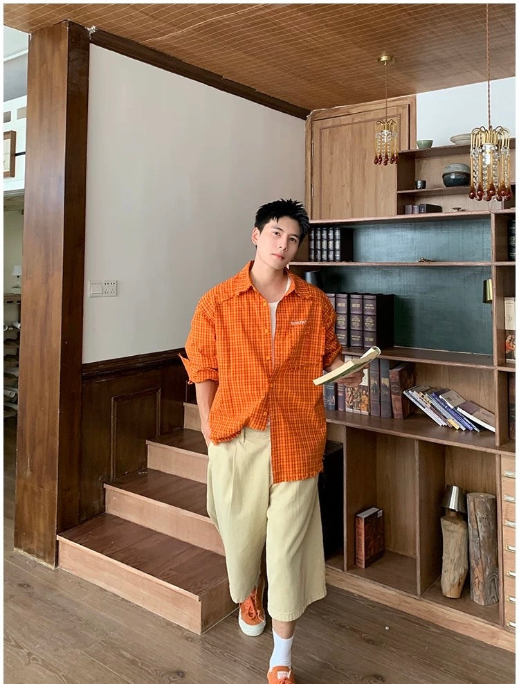 American Streetwear Orange Plaid Shirt   FE0352