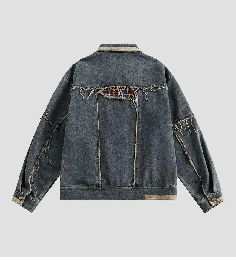 Men’s Vintage American Patchwork Frayed Denim Jacke  FE0331