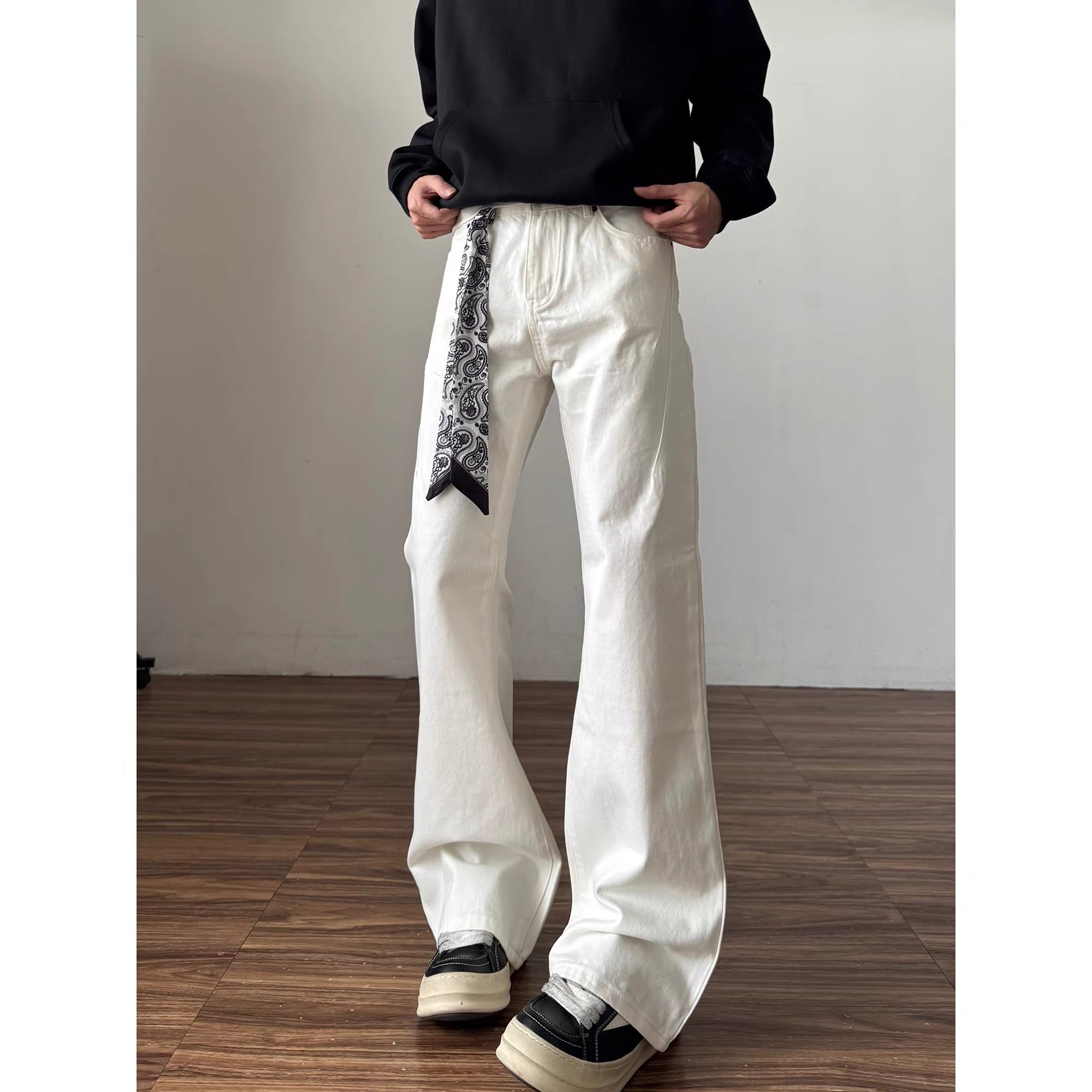 Men’s Vintage Scarf Detail Flare Jeans – American High Street Denim Pants FE0032