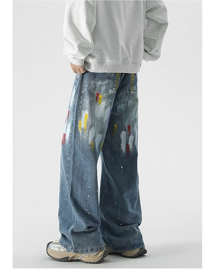 Men’s Graffiti Denim Jeans – Vintage American High Street Painted Streetwear Pants FE0053