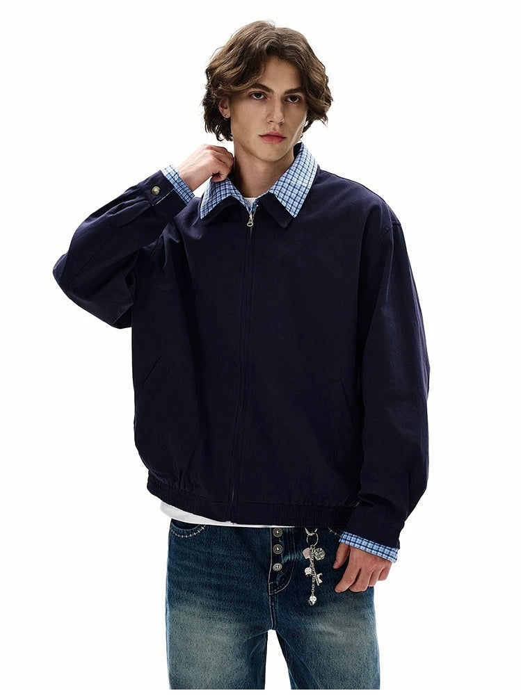 Men’s Vintage Plaid Patchwork Layered Jacket – American Retro Fake Two-Piece Streetwear Coat FE0055