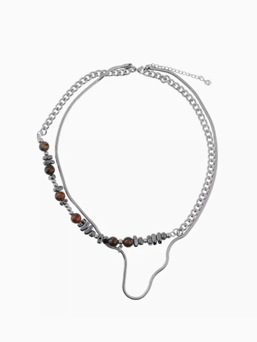 EARTH COLOR IRREGULAR STONE TITANIUM CHAIN NECKLACE   FA097