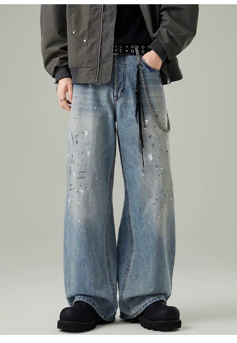 Men’s Paint-Splatter Washed Jeans – Vintage American Street Art Denim Pants  FE0056