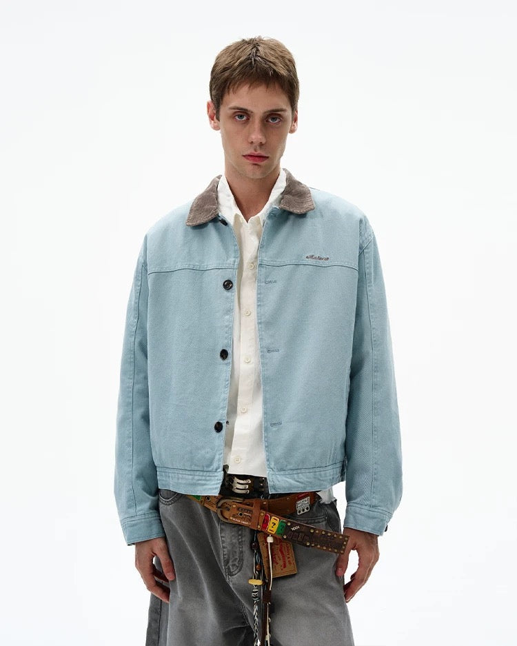 Men’s Color-Block Workwear Jacket – American Retro Contrast Collar Utility Outerwear  FE0005