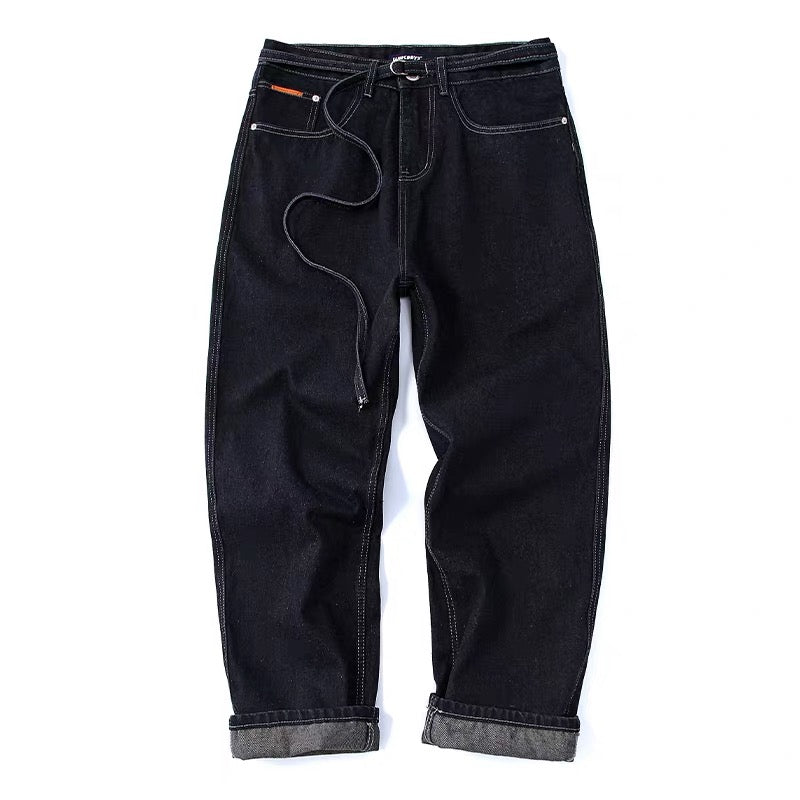 Japanese Streetwear Drawstring Ties Contrast Stitching Denim Pants Men's Loose Straight Leg Washed Versatile Baggy Haramaki Joggers FE0009