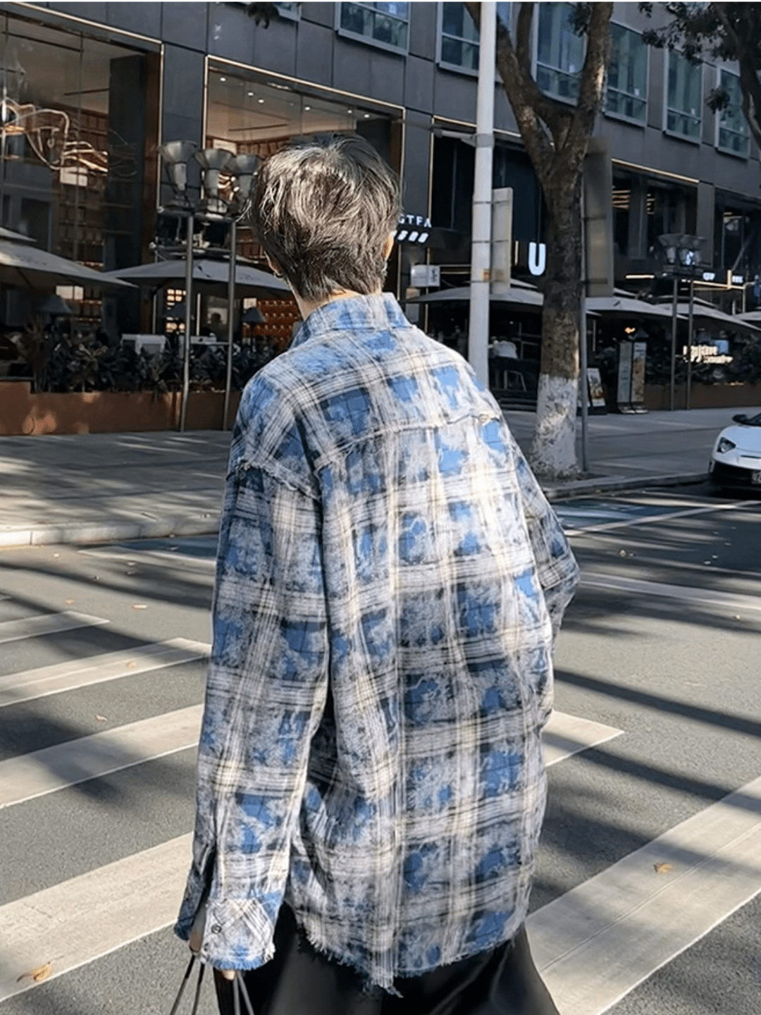 [JM HOMME] distressed raw edge plaid shirt  FE0549