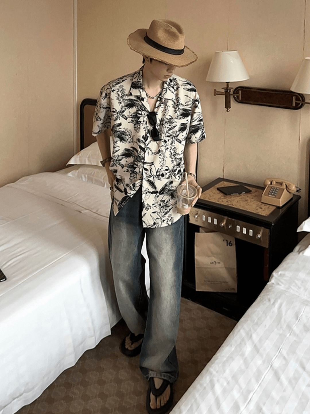 [JM HOMME] Tide Printed Short-sleeved Shirt   FE0557