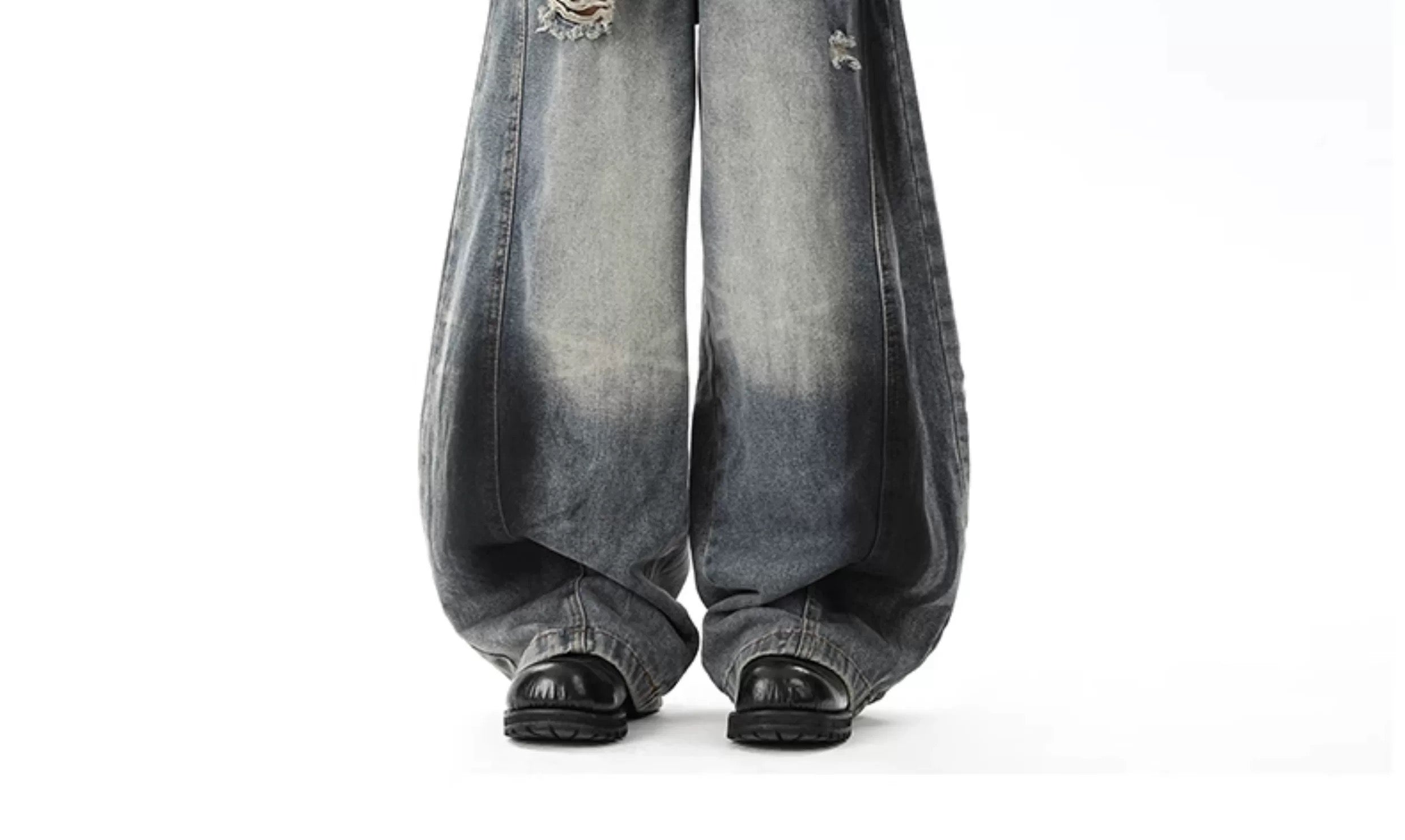 Men’s American Ripped Curved-Cut Jeans – Vintage Streetwear Wide-Leg Denim Pants  FE0289