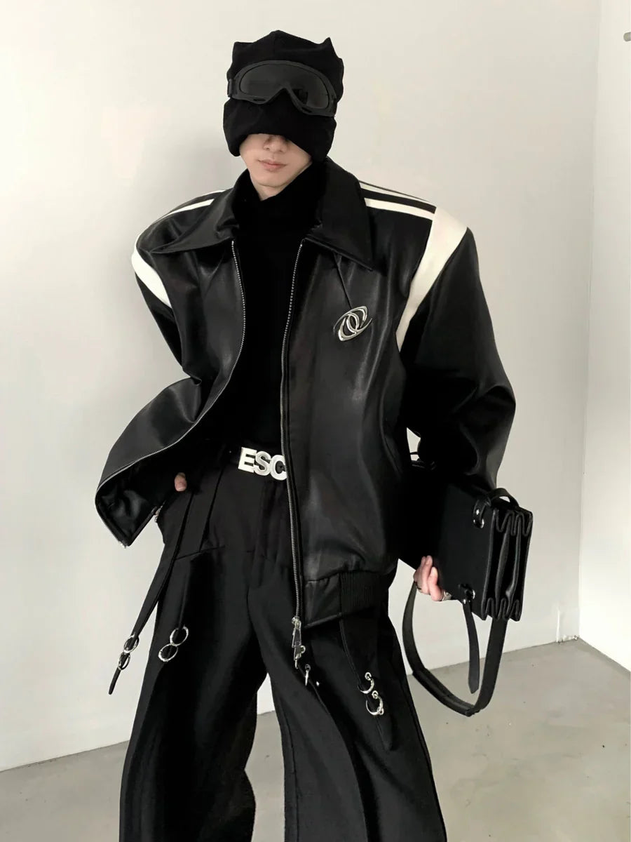 [AUTUMNWIND] BLACK COTTON THICKENED LEATHER JACKET FE0451