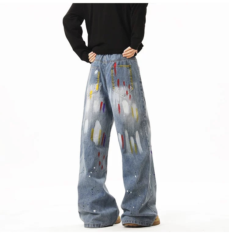 Men’s Graffiti Denim Jeans – Vintage American High Street Painted Streetwear Pants FE0053