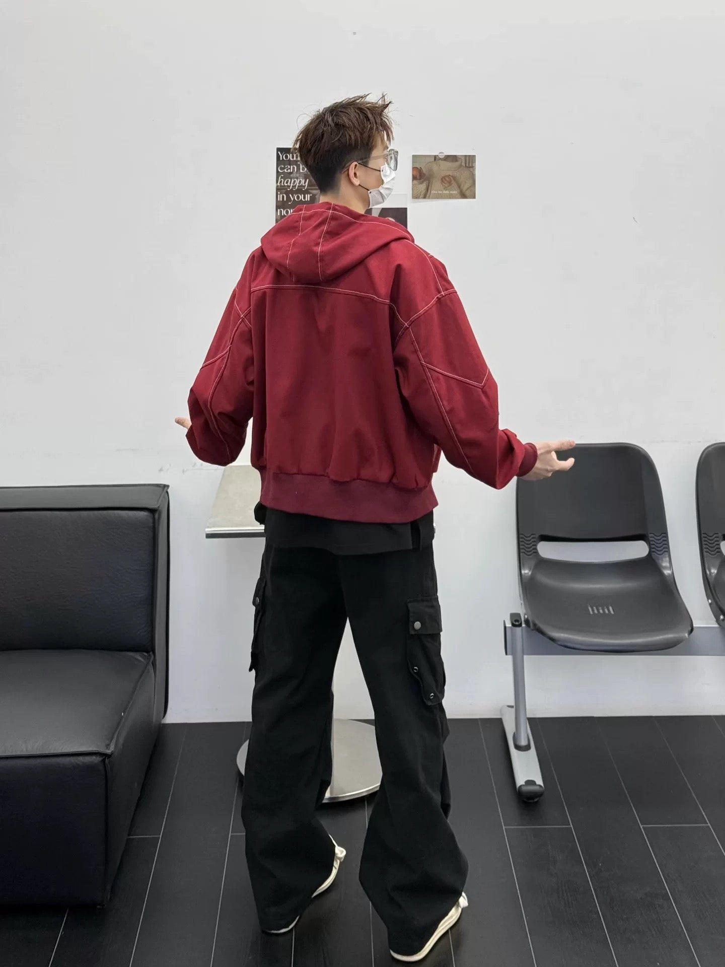 Men’s Red Contrast Stitch Hooded Jacket – Streetwear Short Outerwear Coat   FE0318