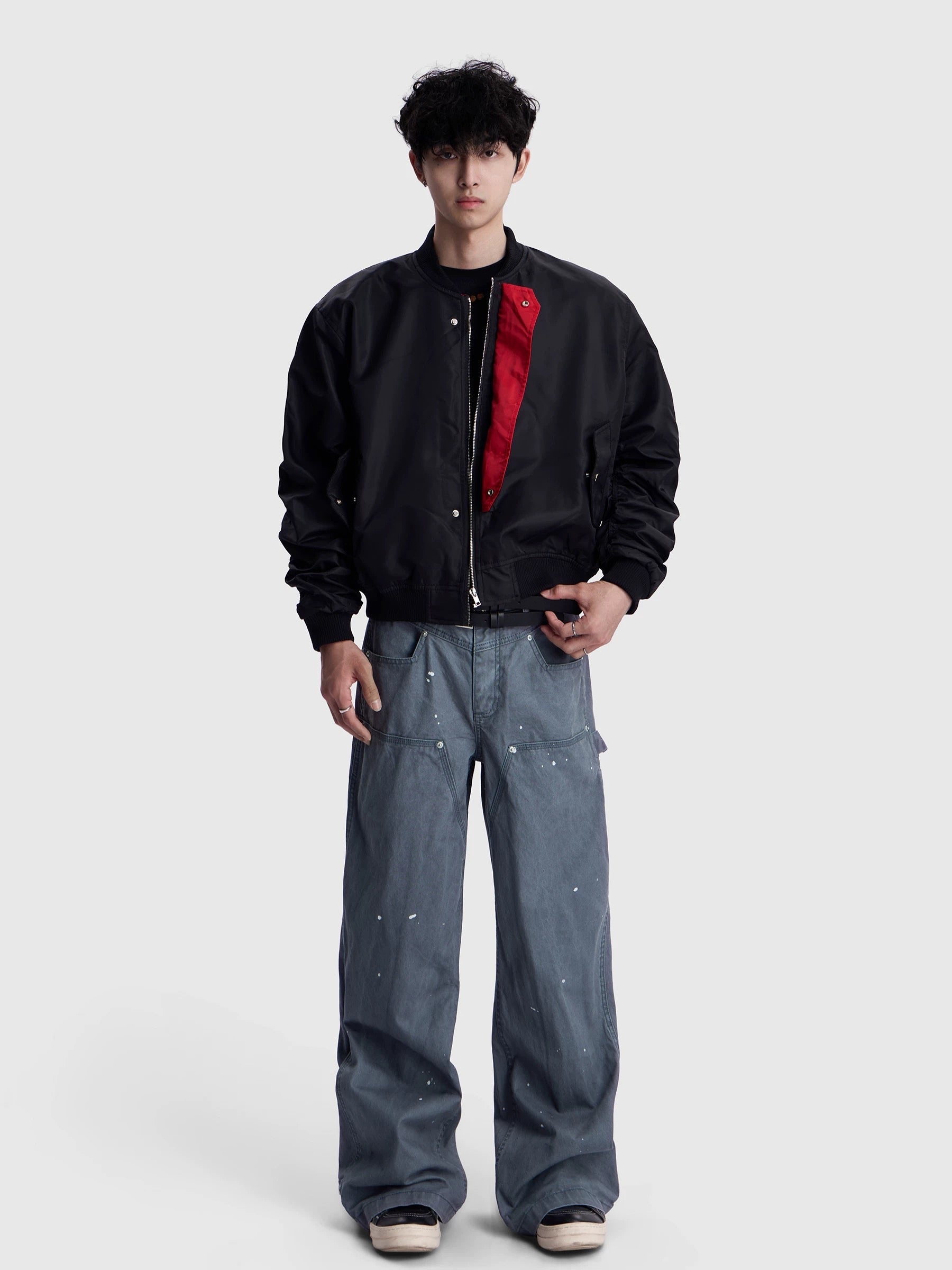 Men’s Colorblock Cropped Bomber Jacket – Vintage American Streetwear Short Flight Jacket  FE0052