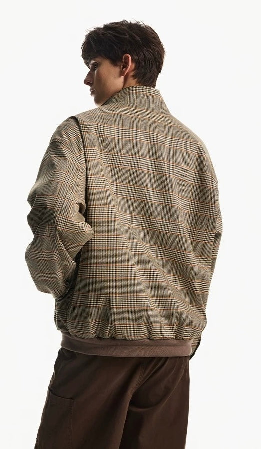 Men’s Houndstooth Harrington Jacket – American Retro Preppy Street Outerwear  FE0030