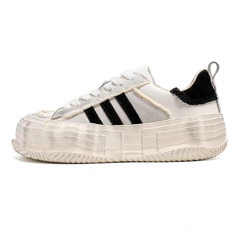 Distressed Melt-Sole Sneakers - White Chunky Platform German Army Trainers with Triple-Stripe Design S0009