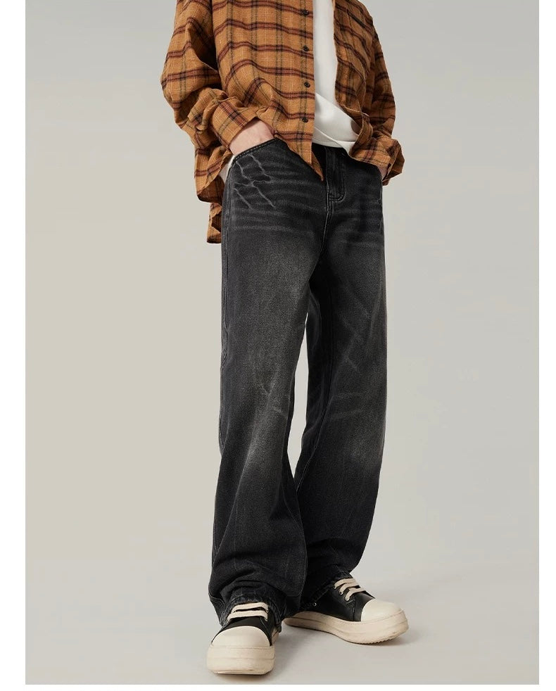 Men’s Vintage Washed Wide-Leg Jeans – American Retro Streetwear Denim   FE0037