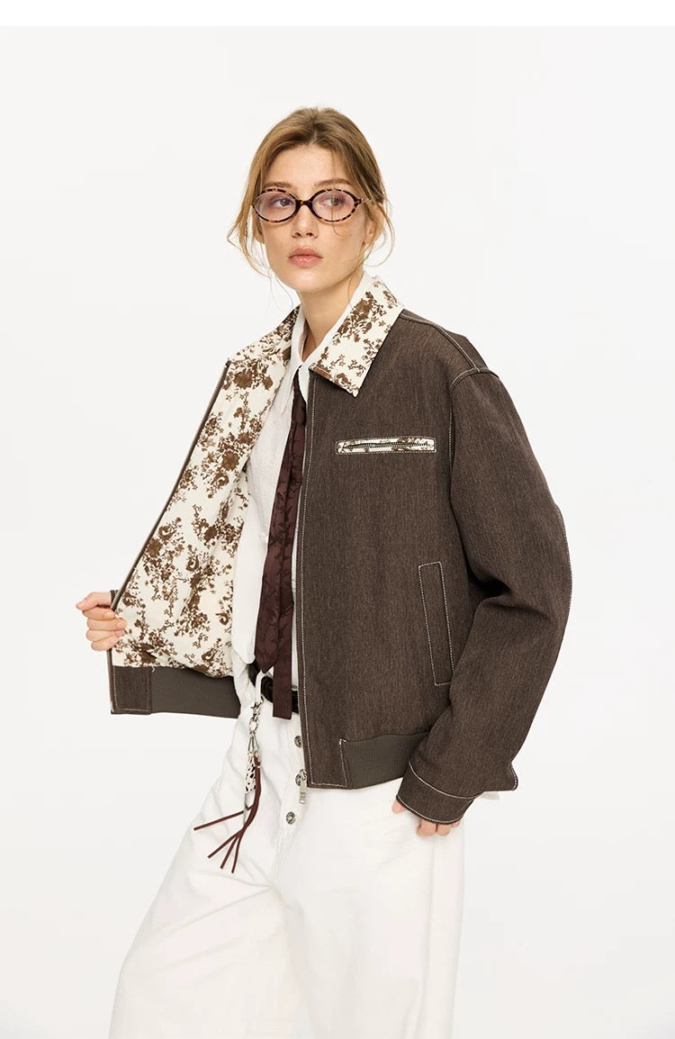 Men’s Contrast Collar Dyed Jacket with Floral Lining – American Vintage Street Outerwear FE0031