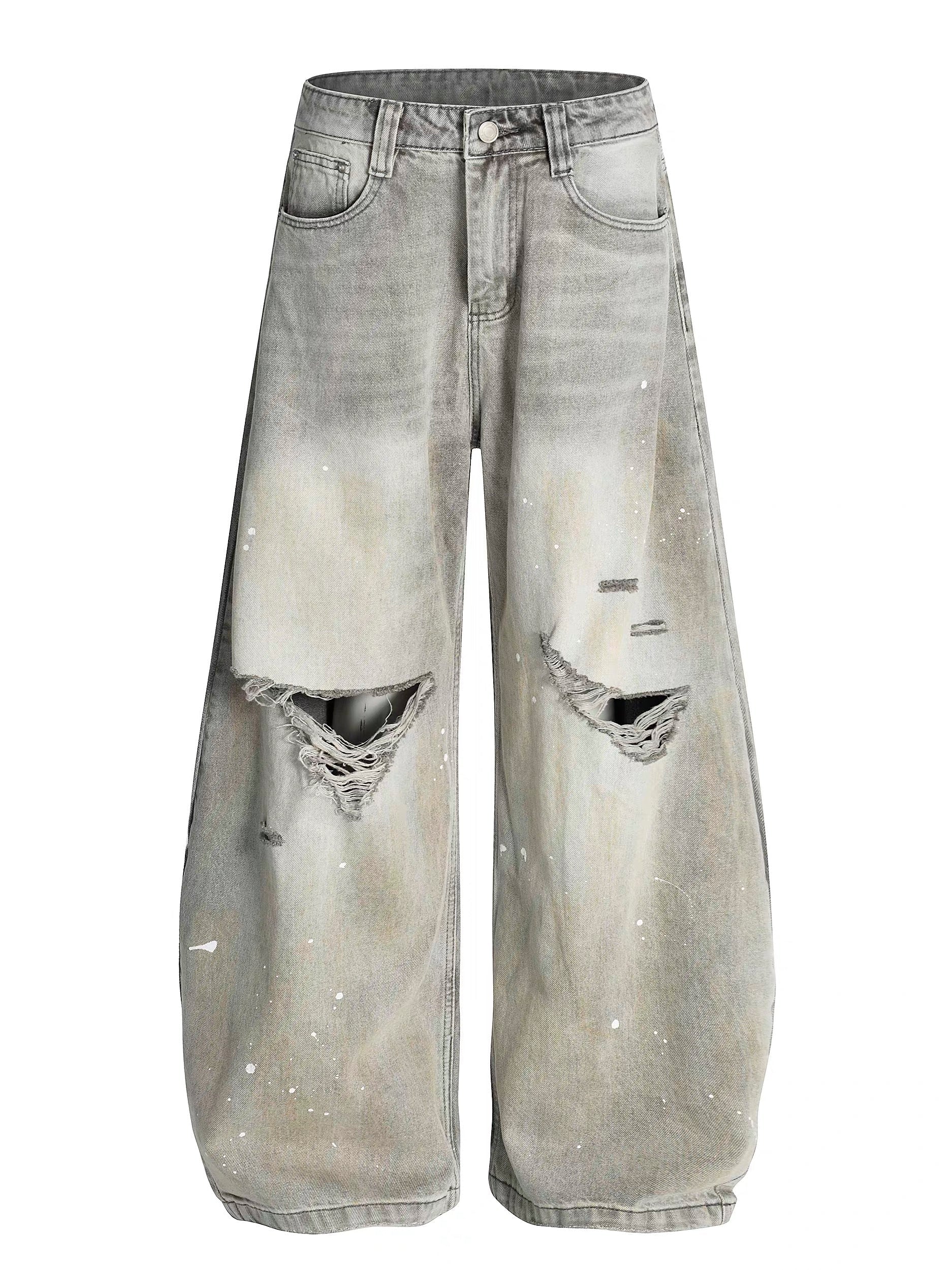 American Vintage Washed Distressed Denim Jeans – Loose Fit Casual Straight-Leg Pants for Men  FE0014