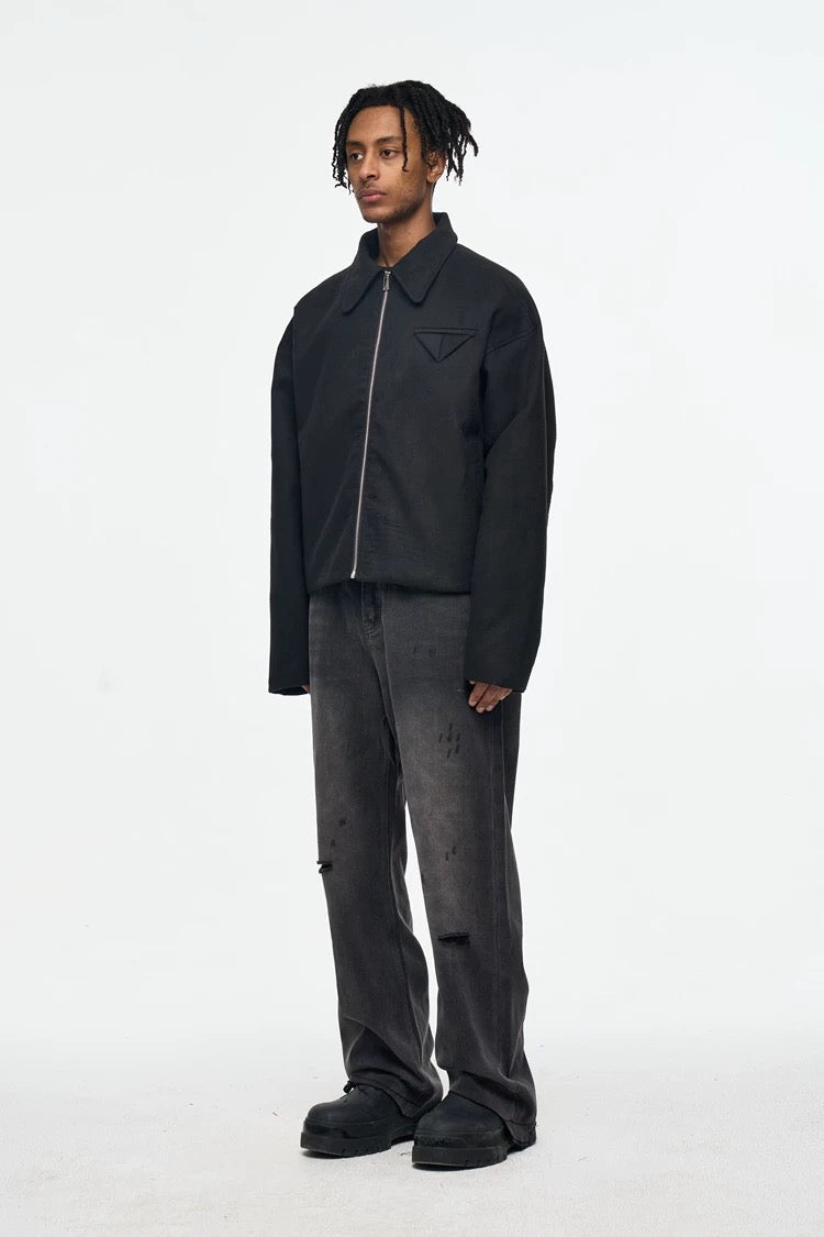 Men’s Retro Boxy Zip-Up Jacket – American Vintage Cropped Street Outerwear FE0035
