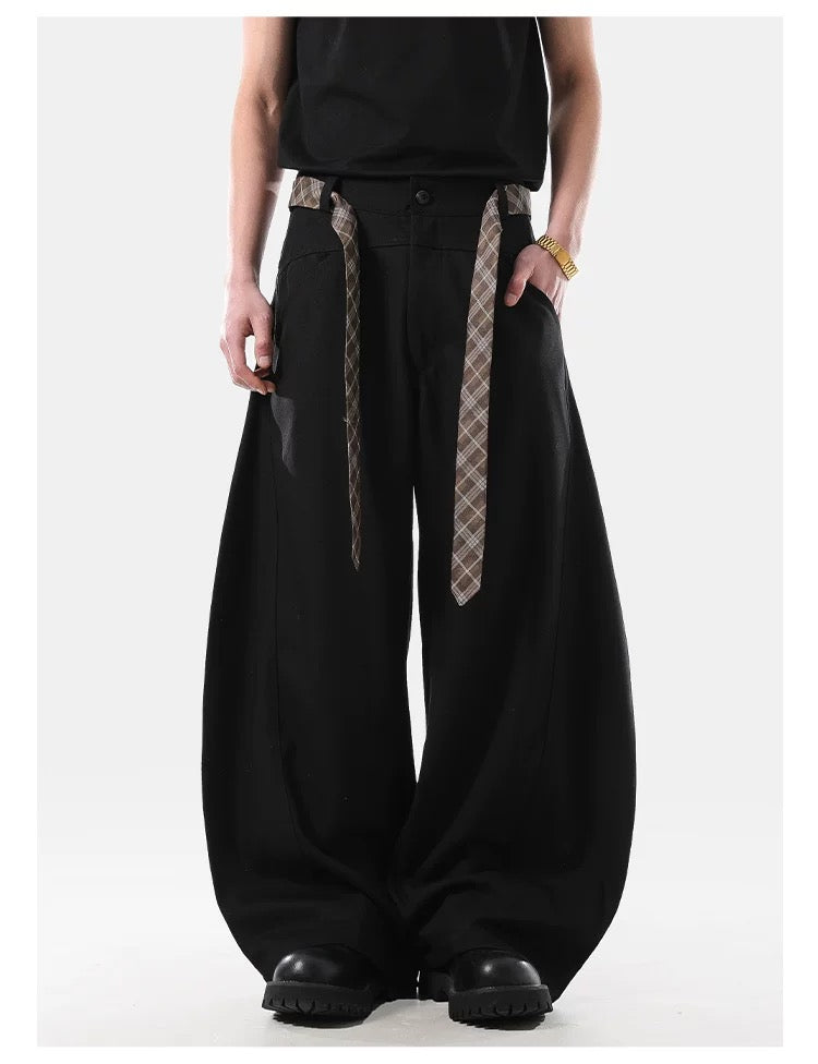 Vintage Plaid Fleece-Lined Belted Flare Trousers – Retro American Style Pants  FE0071