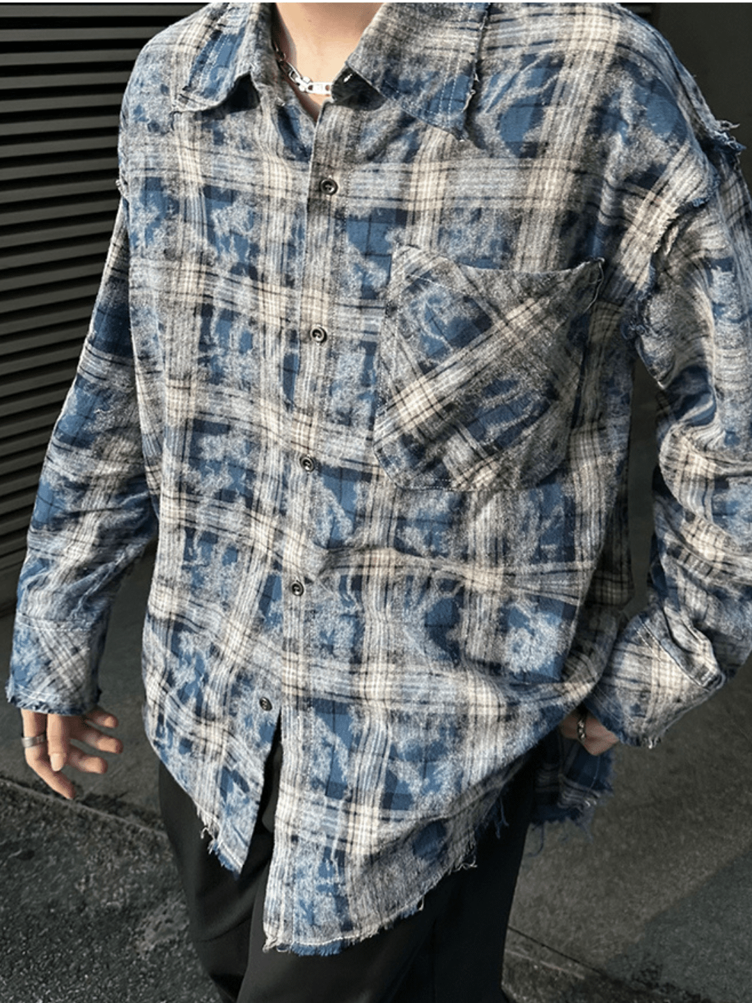 [JM HOMME] distressed raw edge plaid shirt  FE0549