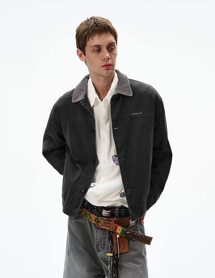 Men’s Color-Block Workwear Jacket – American Retro Contrast Collar Utility Outerwear  FE0005