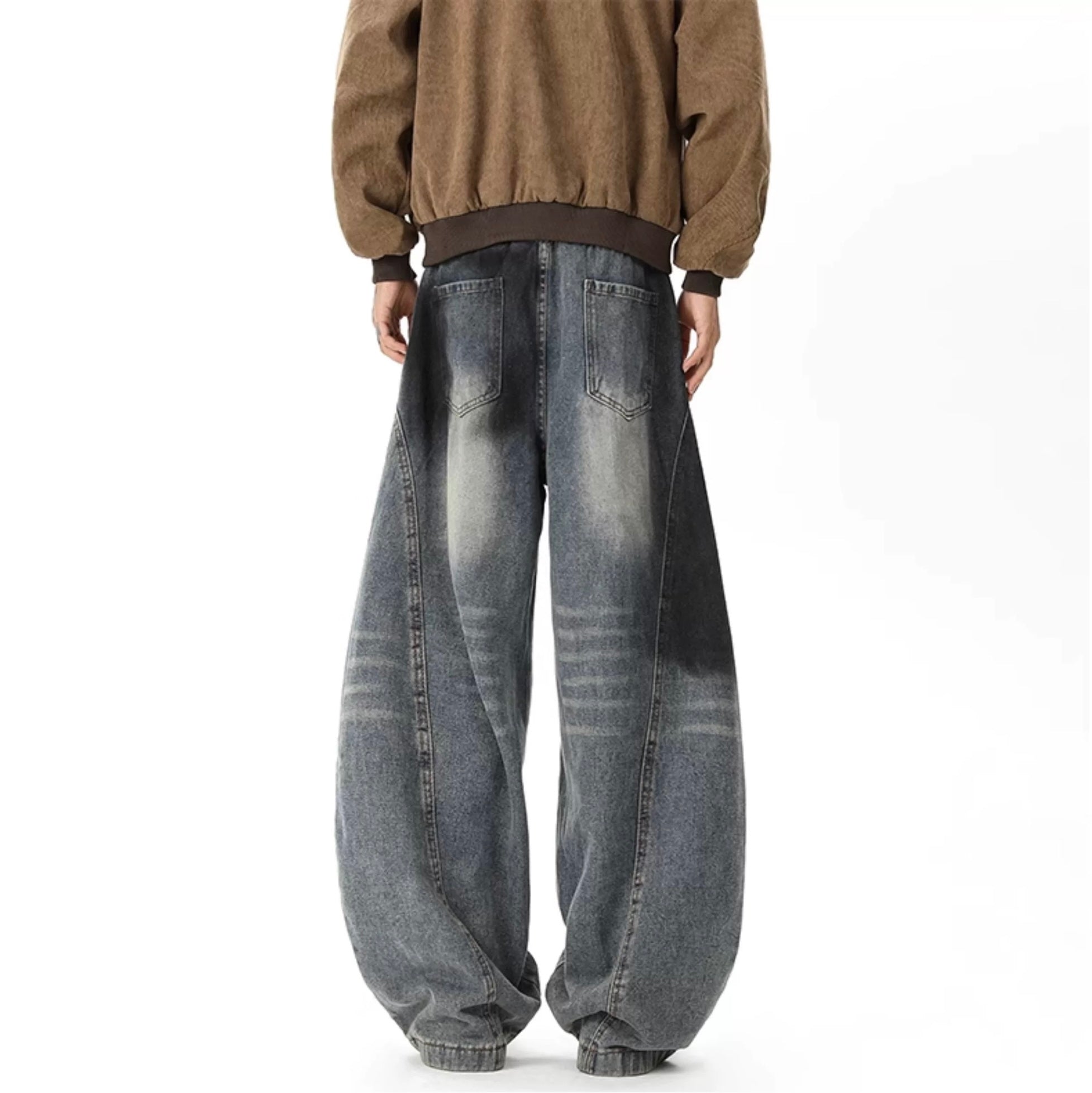 Men’s American Ripped Curved-Cut Jeans – Vintage Streetwear Wide-Leg Denim Pants  FE0289