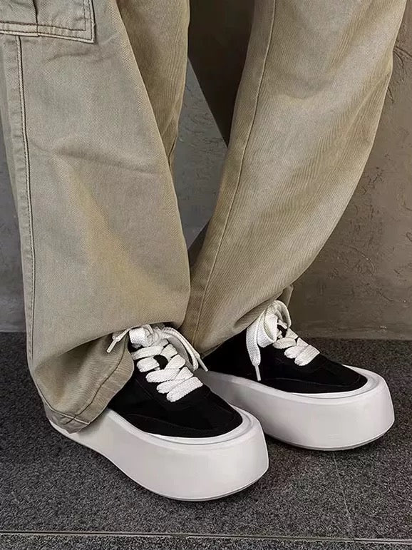 Chunky Black & White Skate Shoes - Breathable Round-Toe Canvas Platform Sneakers (Minimalist Unisex Casual Wear) S0008
