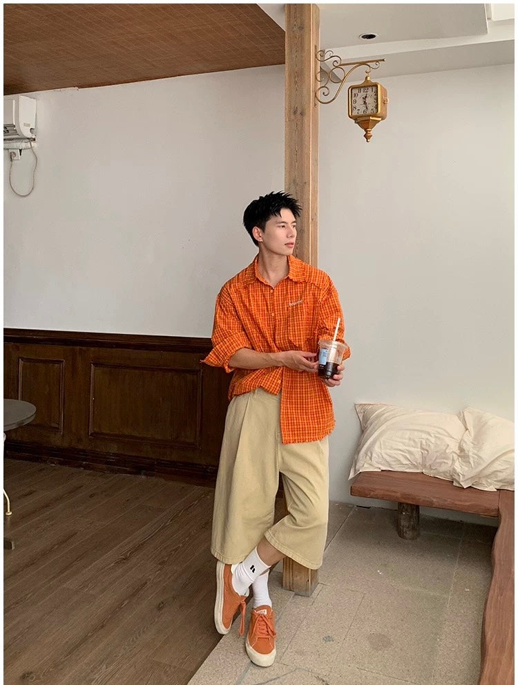 American Streetwear Orange Plaid Shirt   FE0352